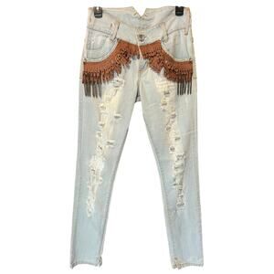 Benedetta Novi Leather Fringe Chains Low Rise Skinny Jean Size 42/US 6 NWT 2000s
